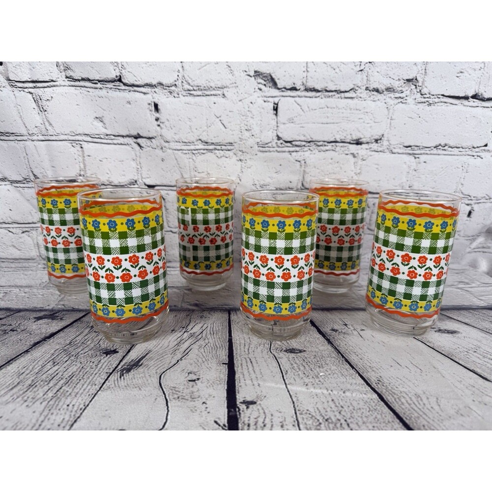 Six (6) Libbey Gingham And Floral Motif Glass Tumblers - Picture 1 of 1